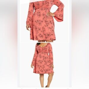 Torrid • Floral Coral/Pink Black Print Bell Sleeve Midi Dress Size 1x 14/16